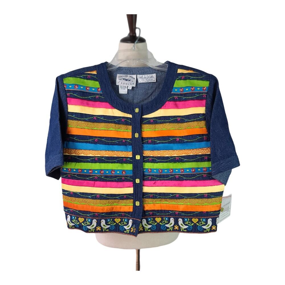 Country Wear Casuals Blue Pink Green Handmade Vintage Ribbon Shirt Top NEW Large